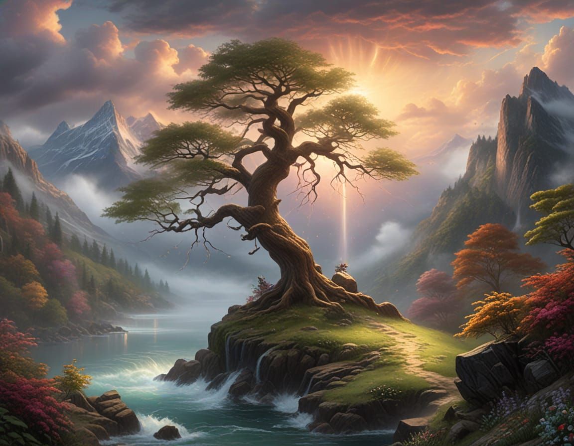 Ethereal Fantasy Tree in Whimsical Stormy Landscape