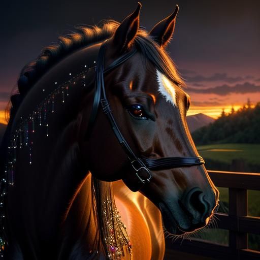 Horse Reflections at Sunset in Chiaroscuro Style