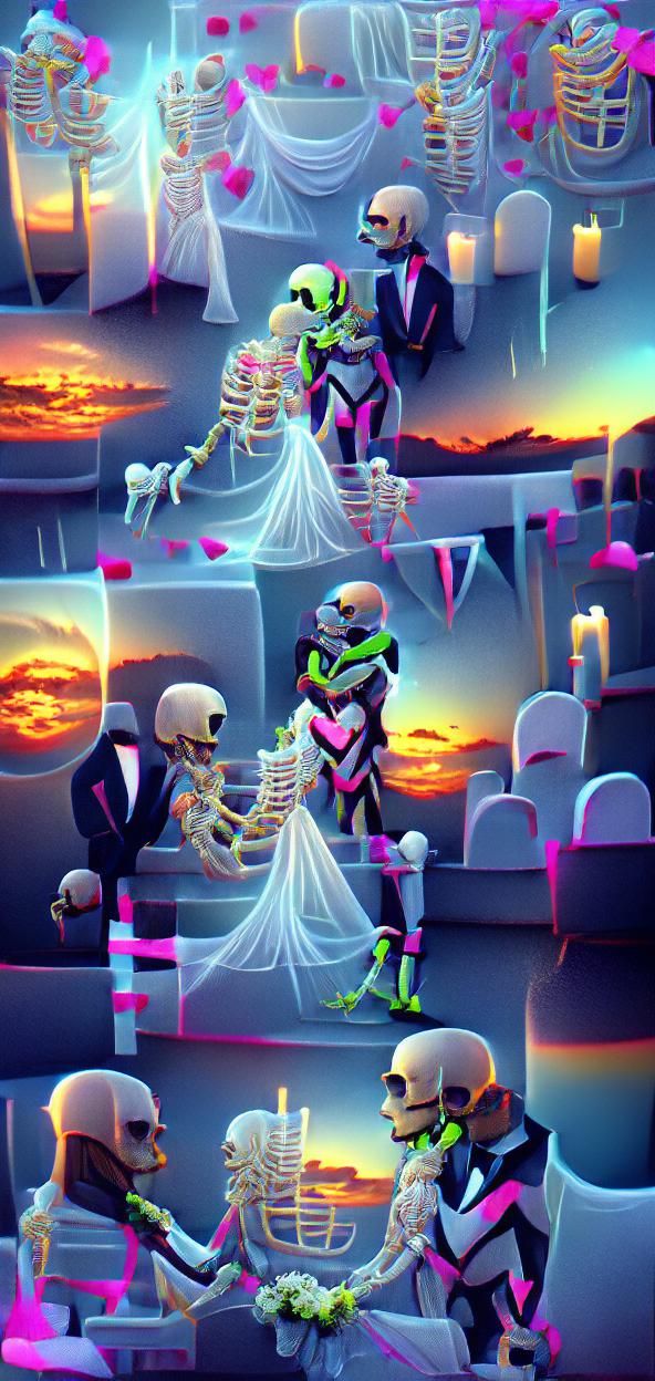 Futuristic Neon Skeletons Celebrate Wedding at Sunset