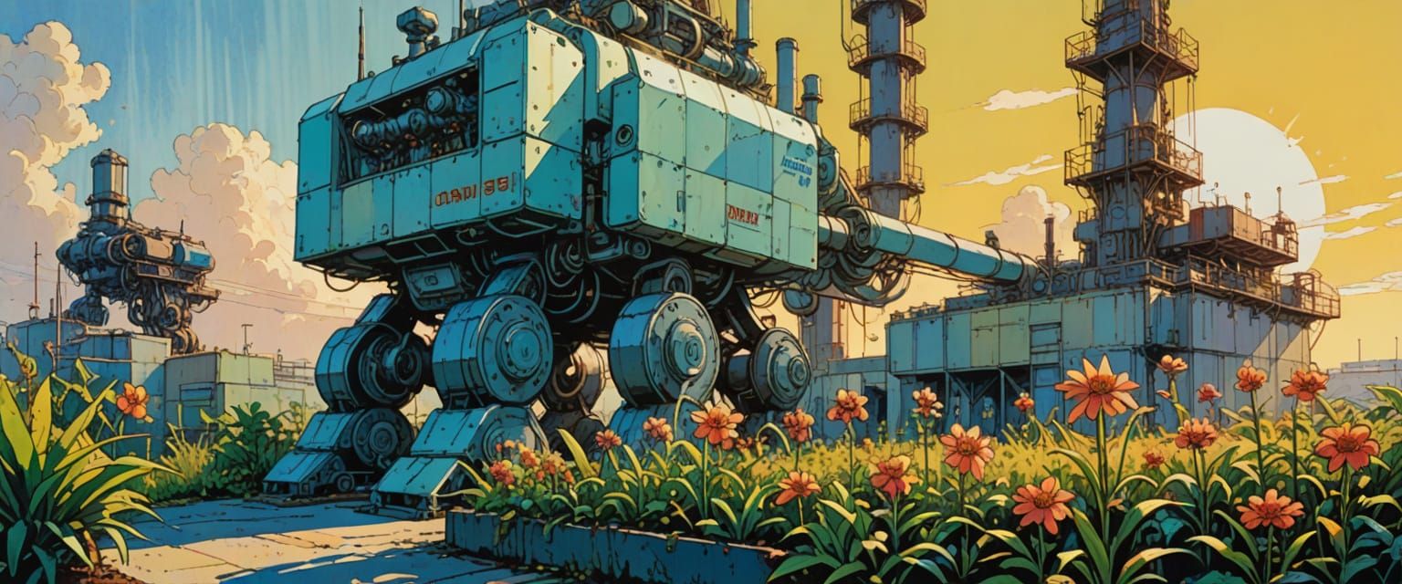 Hi-Tech Factory with Exotic Plants in Watercolor Style