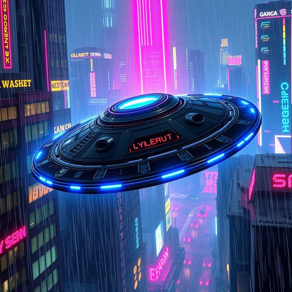 Cyberpunk UFO in Neon Cityscape