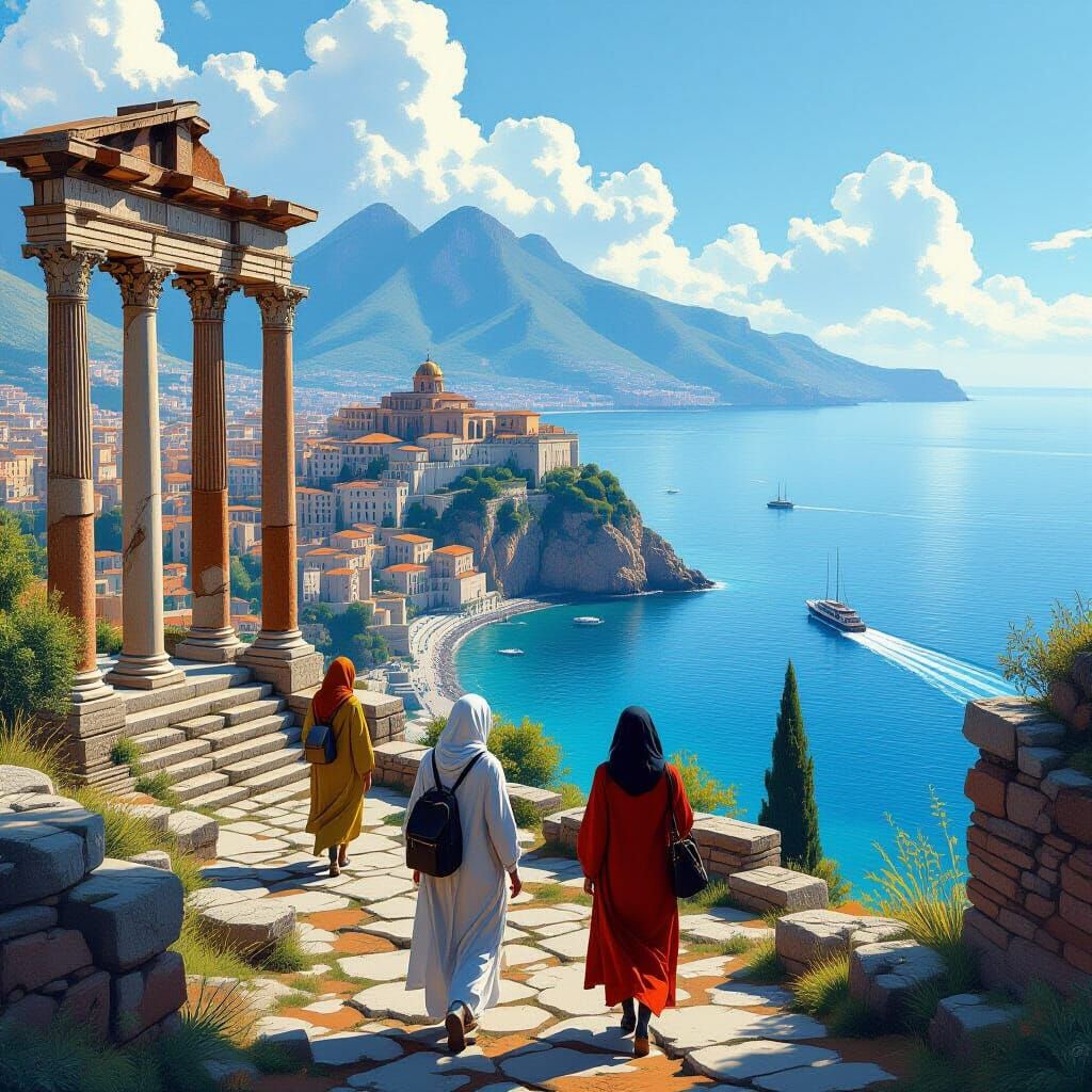 Roman Ruins Visited by Tourists: Realistic Painting