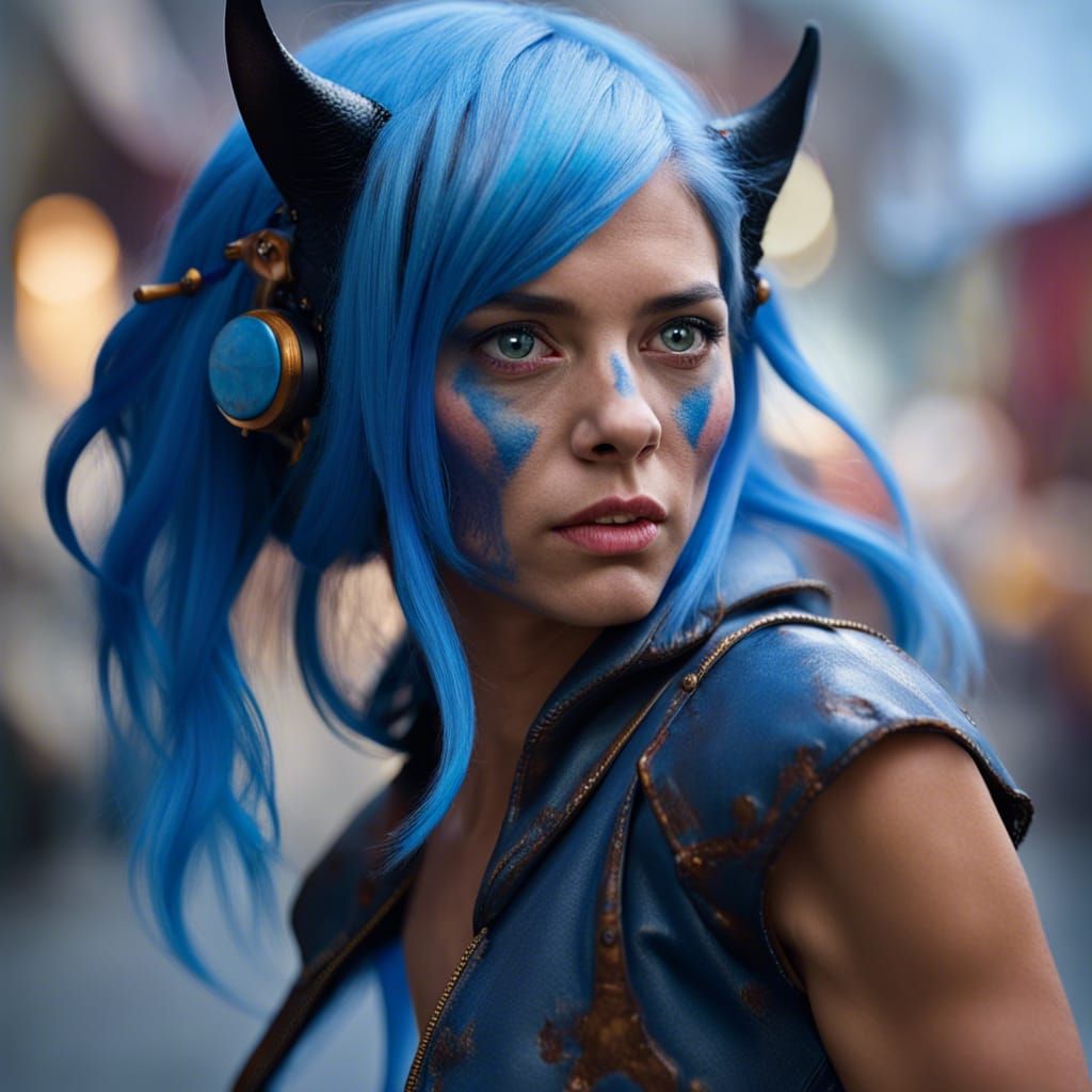 Blue-Haired Catgirl in Action: Professional Portrait