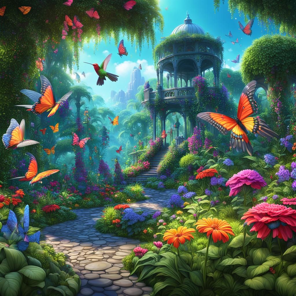 Lush Garden with Hummingbirds and Butterflies
