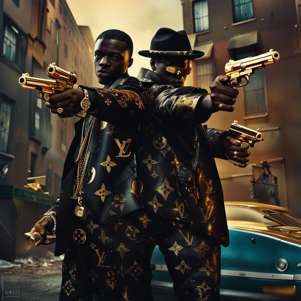 Gangster Confrontation with Golden Guns: Detailed Digital Pa...