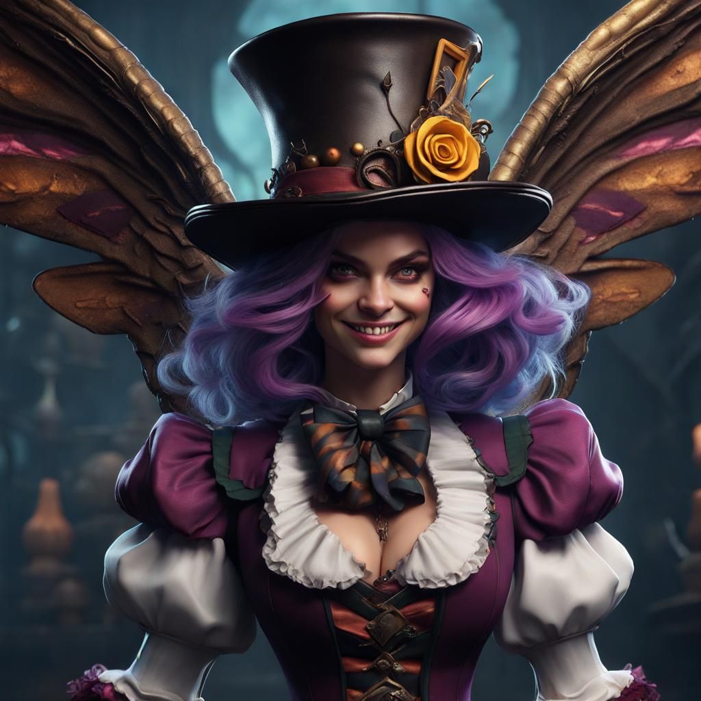 Detailed Female Mad Hatter with Wings and Horns
