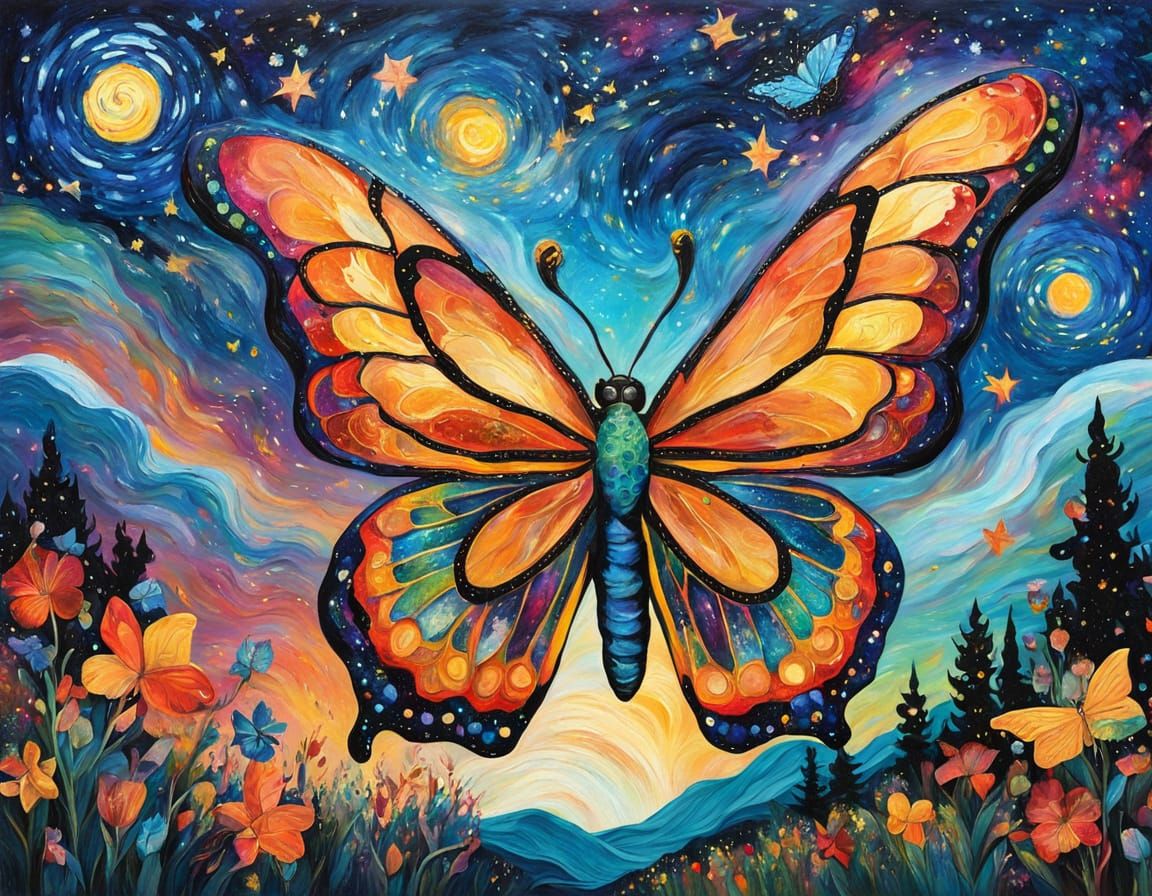Vibrant Butterfly Night Sky Oil Painting
