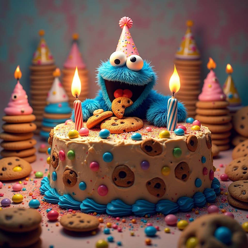 Cookie Monster's Lavish Cake in Neon-Noir Style