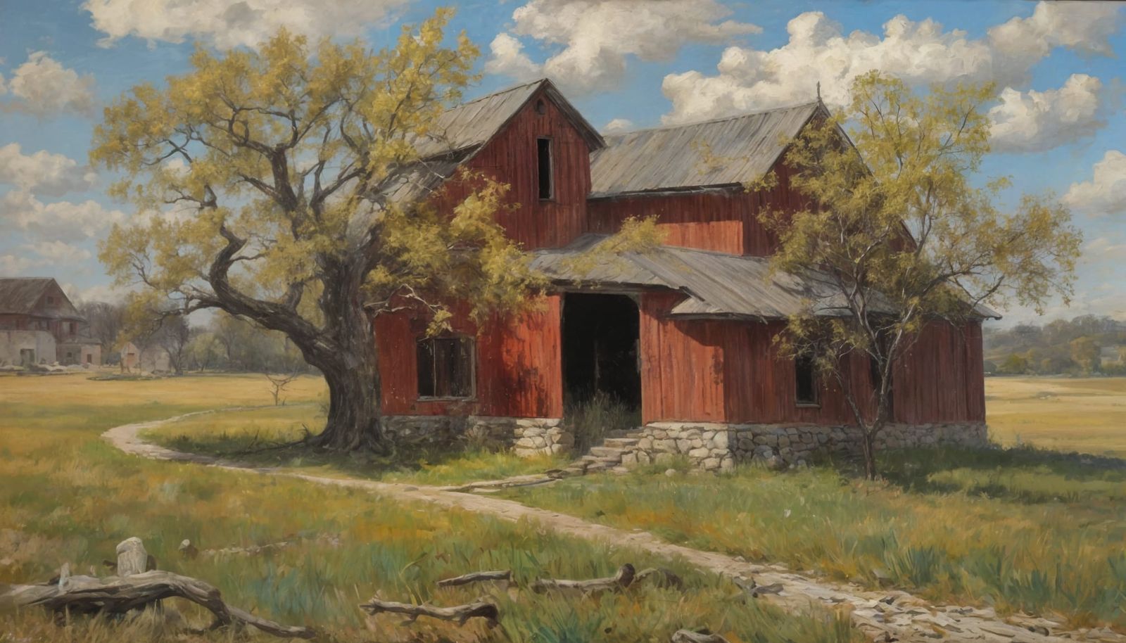 19th Century New England Farmhouse and Barn in Spring