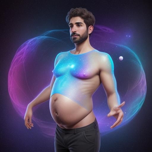 Handsome Man with Pregnant Belly: Cosmic Illustration