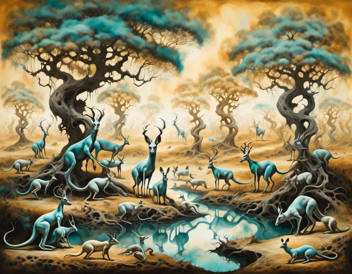 Kangaroos in Surreal Ink Wash Countryside