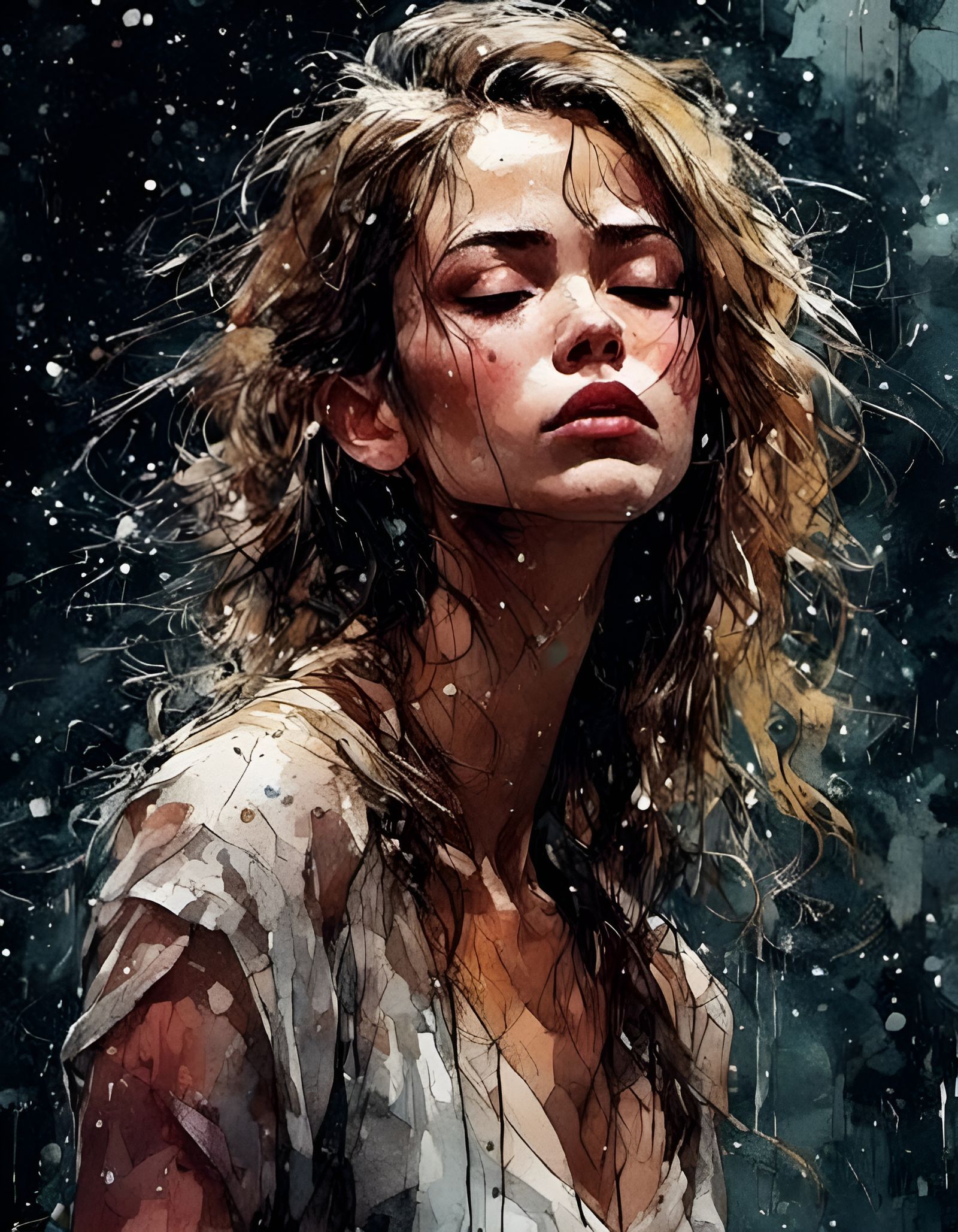 <lora:Model X:1.0> a beautiful girl standing in the rain, eyes closed, emotionally charged portrait, dark
