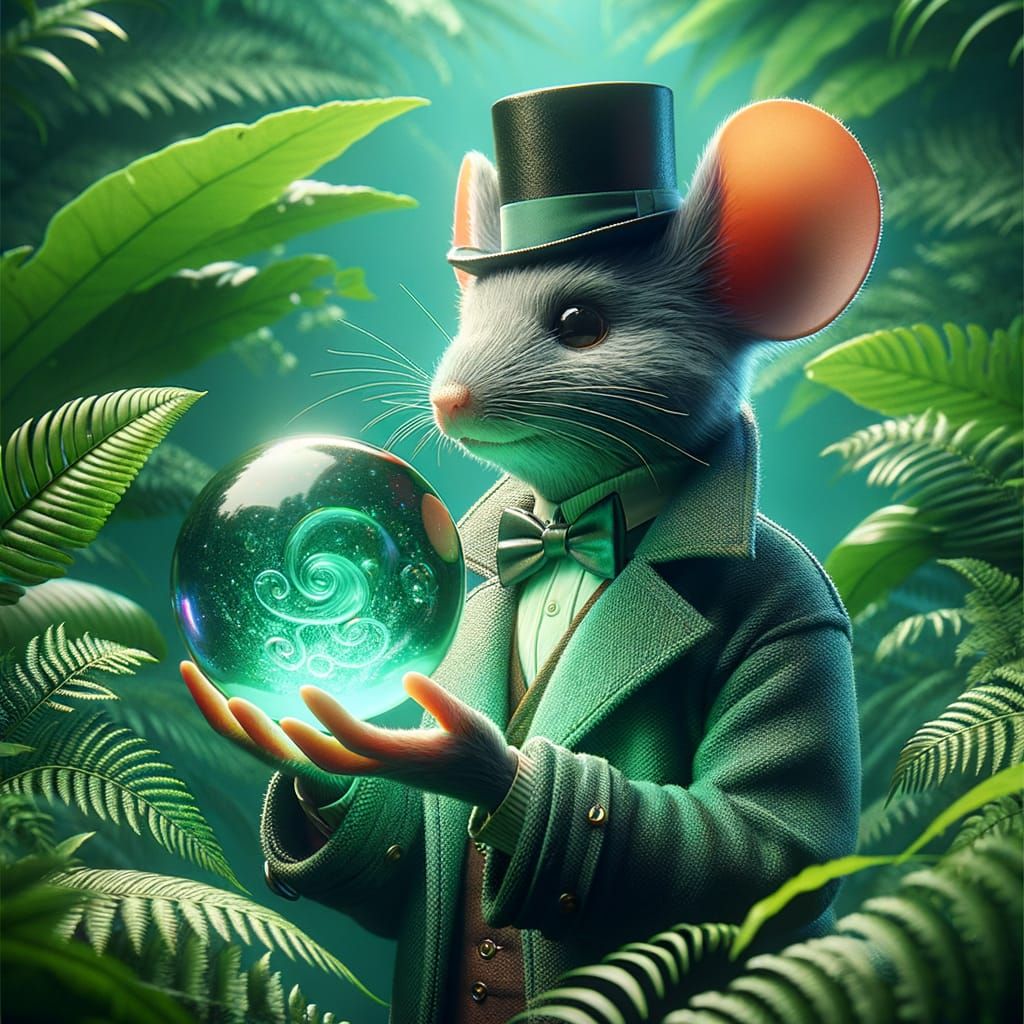 Mouse in Elegant Coat and Top Hat Holds Glowing Crystal Ball...
