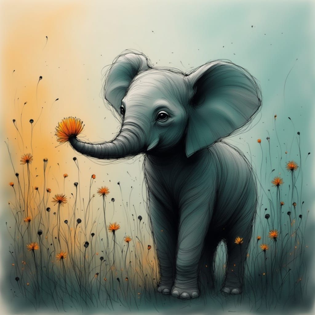 Baby Elephant Picking Flower in Teal and Gold