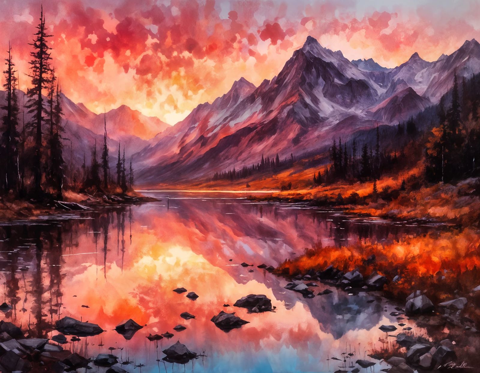 Mountain Sunset Serenity in Oil Paint Style