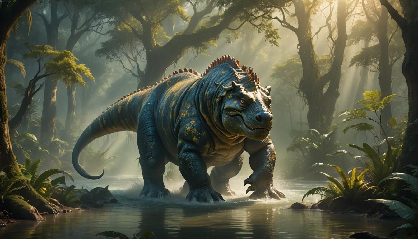Hybrid Dinosaur-Hippopotamus Roars in Misty Forest