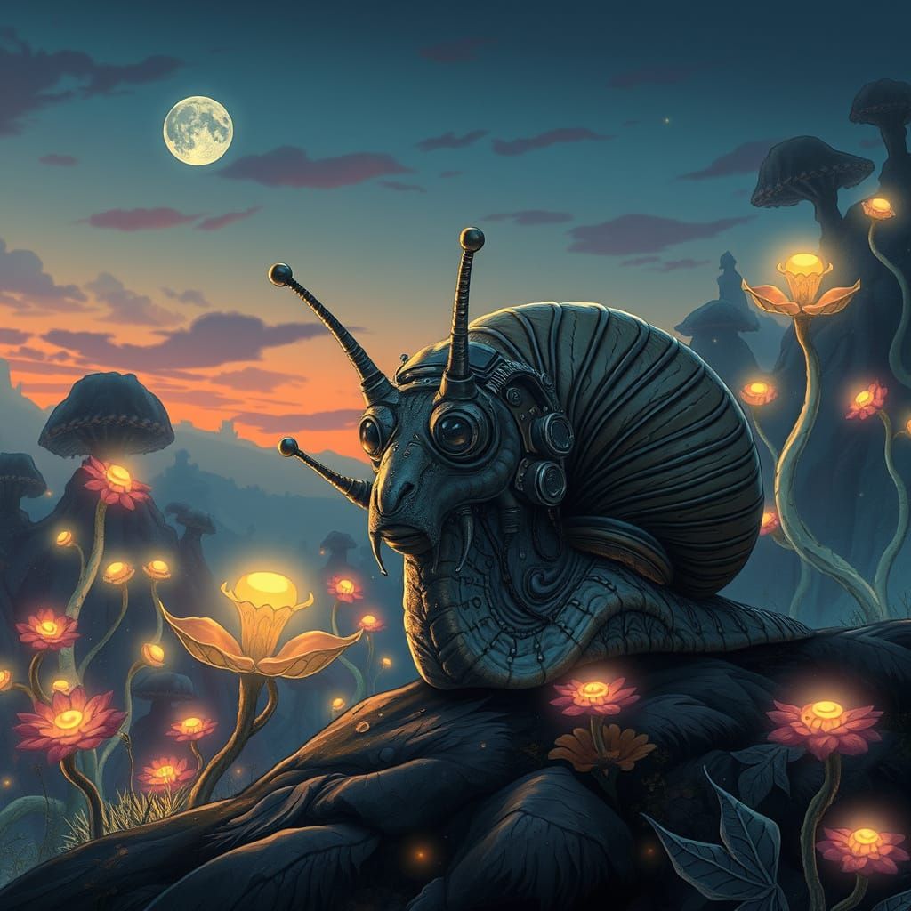 Cybernetic Snail in Bioluminescent Forest At Twilight