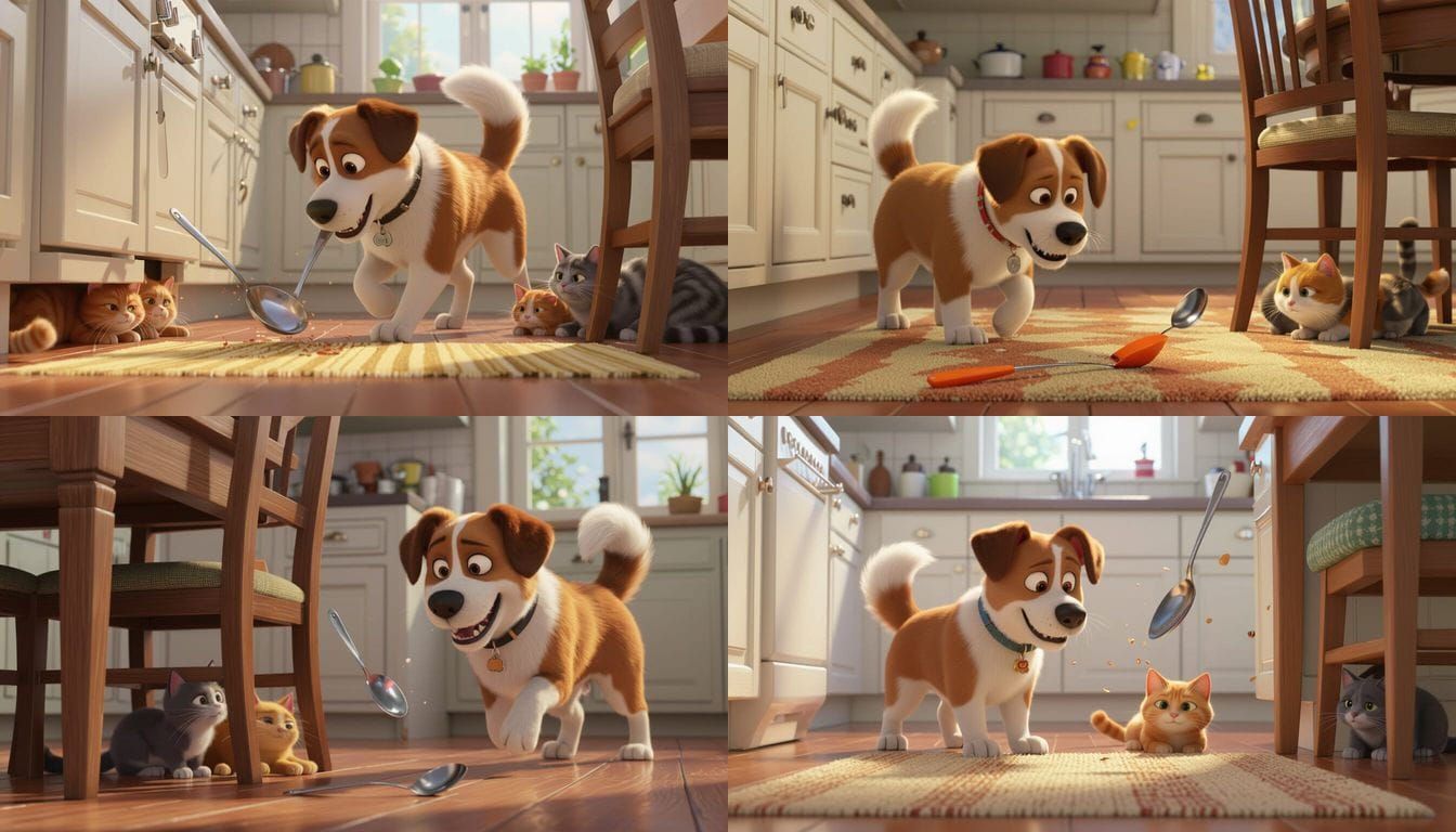 Comedic Scene: Dog Enters Kitchen, Cats Hide