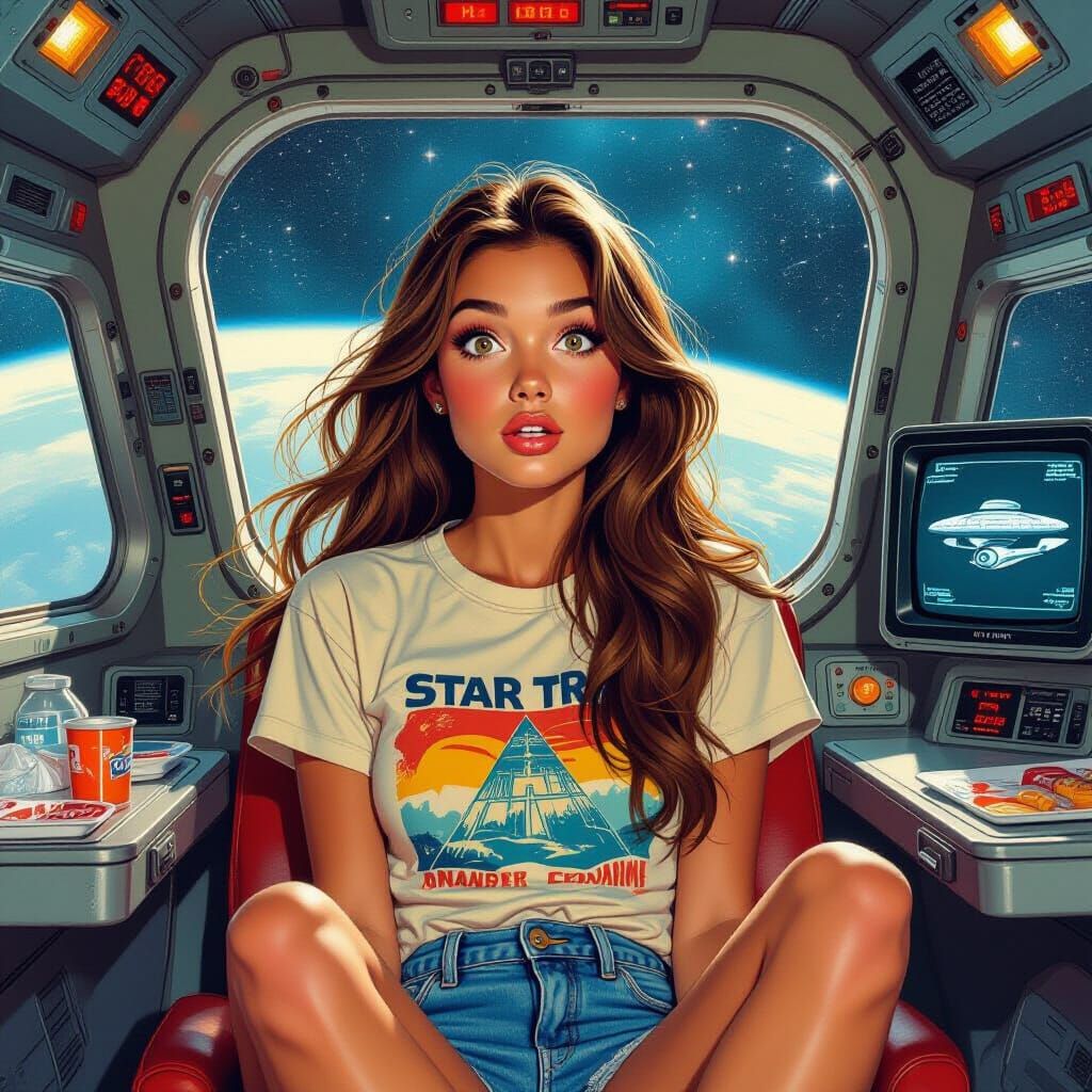 Surprised Woman in Vintage Tee on Spaceship