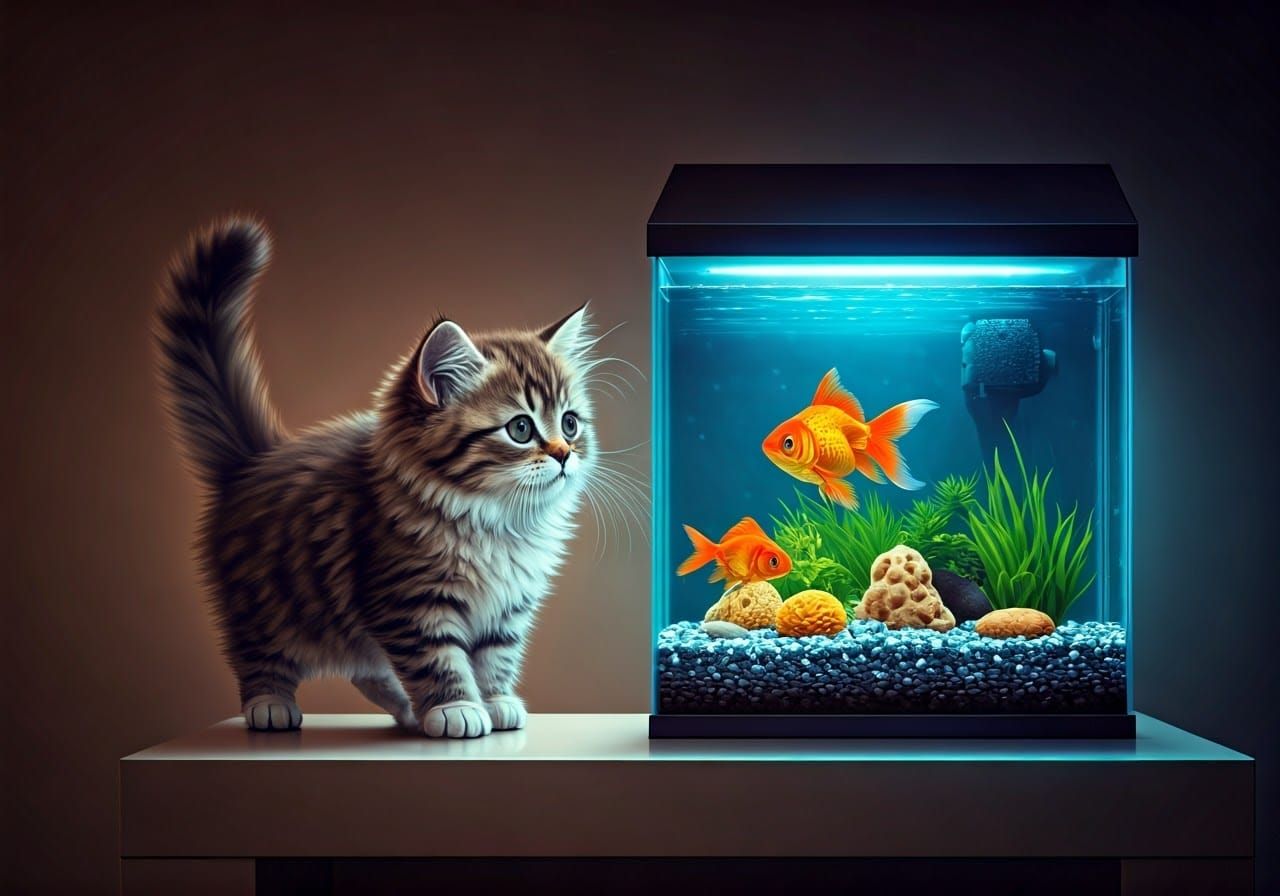 Whimsical Feline Encounter in a Radiant Aquarium Scene