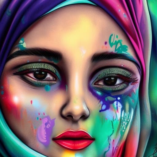 Woman with Hijab in Colorful Graffiti Art Style