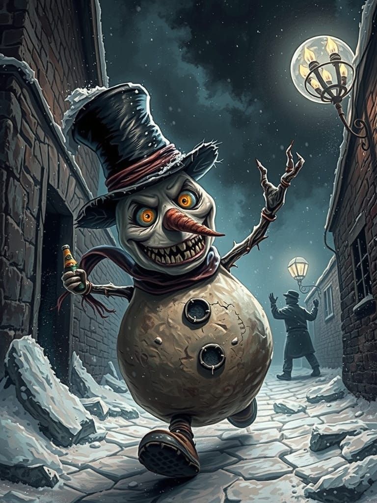 Surreal Evil Snowman in Dark Alleyway, a Gothic Masterpiece