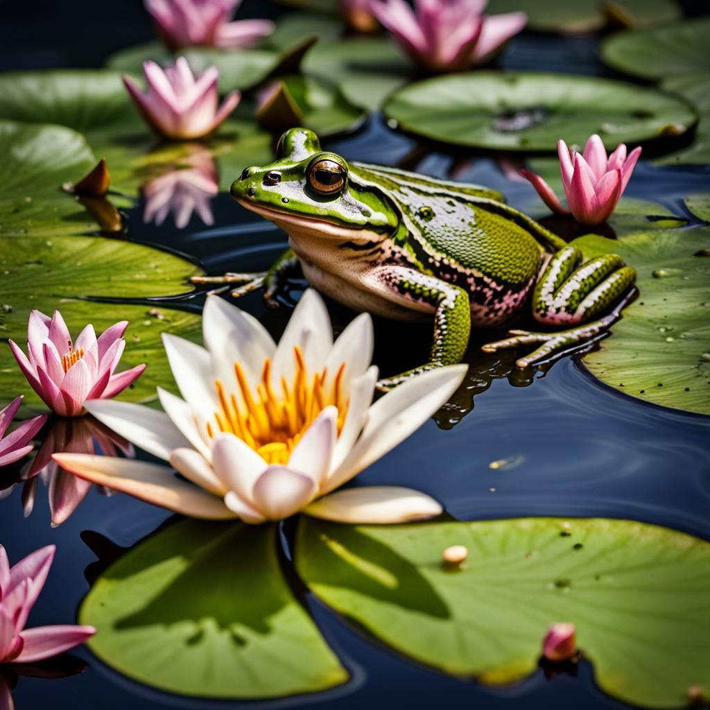 Graceful Frog Leaping on Lily Pads in Pond