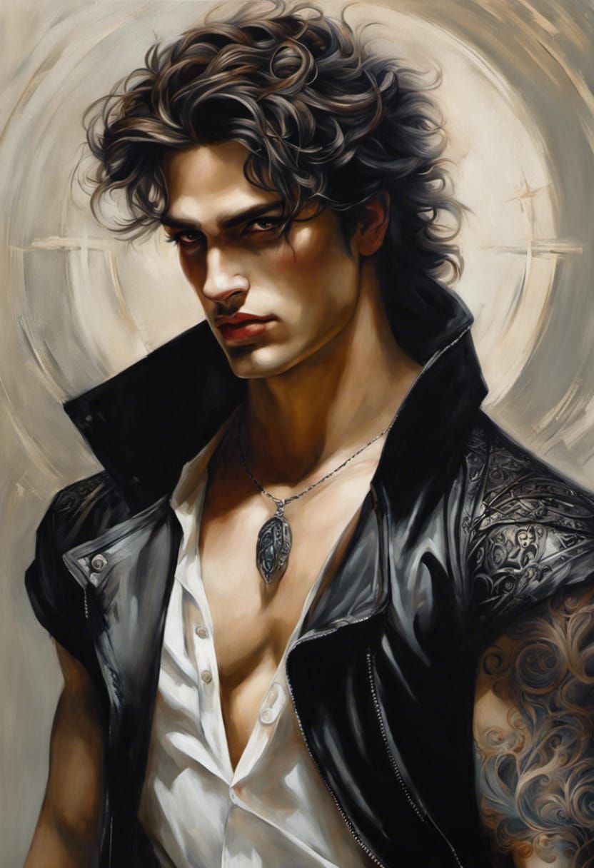 Gothic Man Portrait with Tattoos in Oil Painting Style