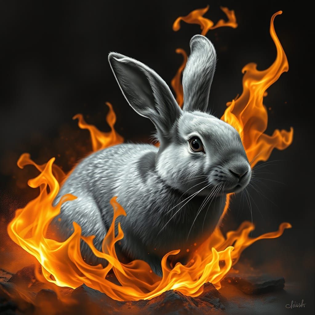 Flaming Grayscale Rabbit in Digital Painting Style