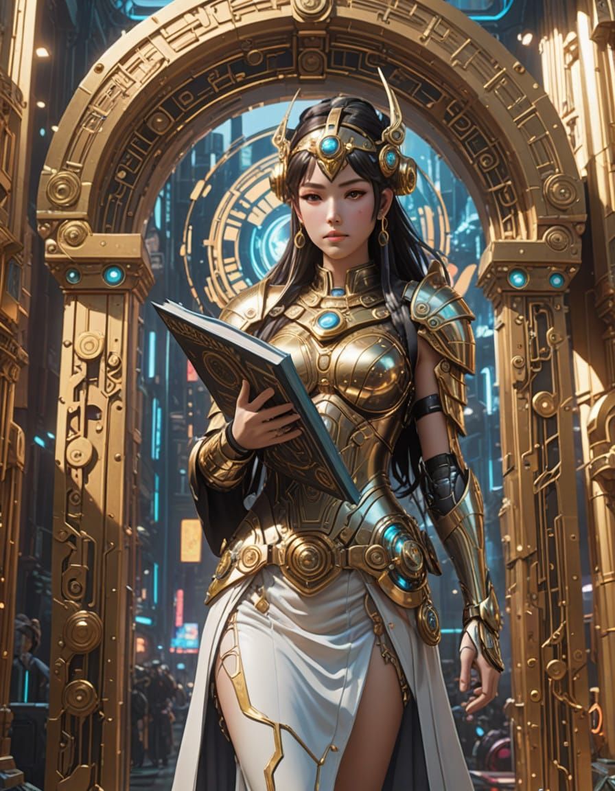 Cyberpunk Goddess of Wisdom in Vibrant Galactic Landscape