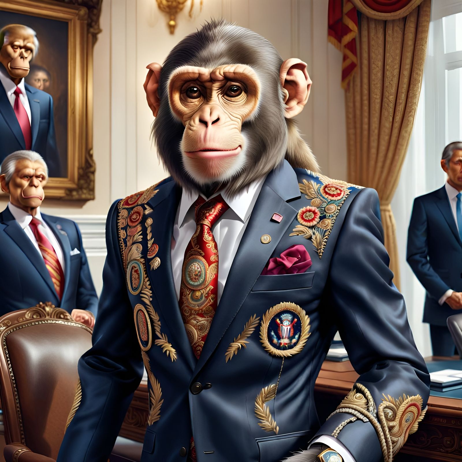 Monkey President in Embroidered Suit, Digital Illustration