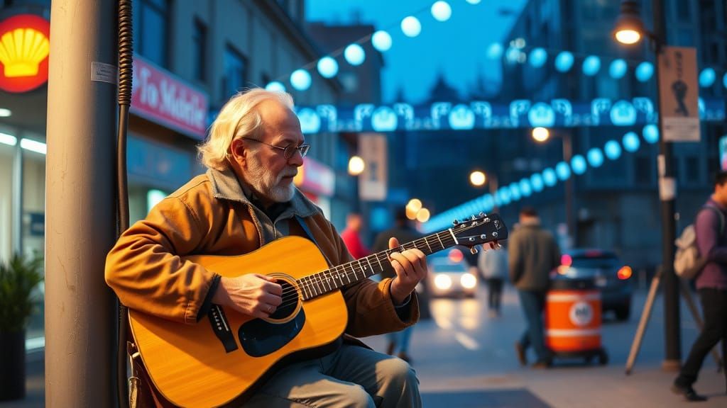 Street Musician Playing Guitar with Vibrant Lighting