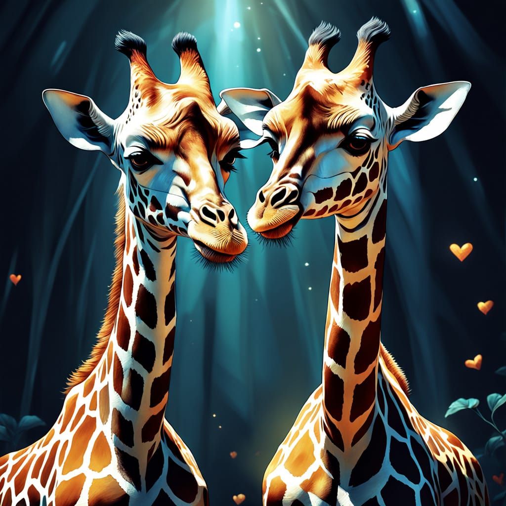 Surreal Giraffes in Love with Golden Glow