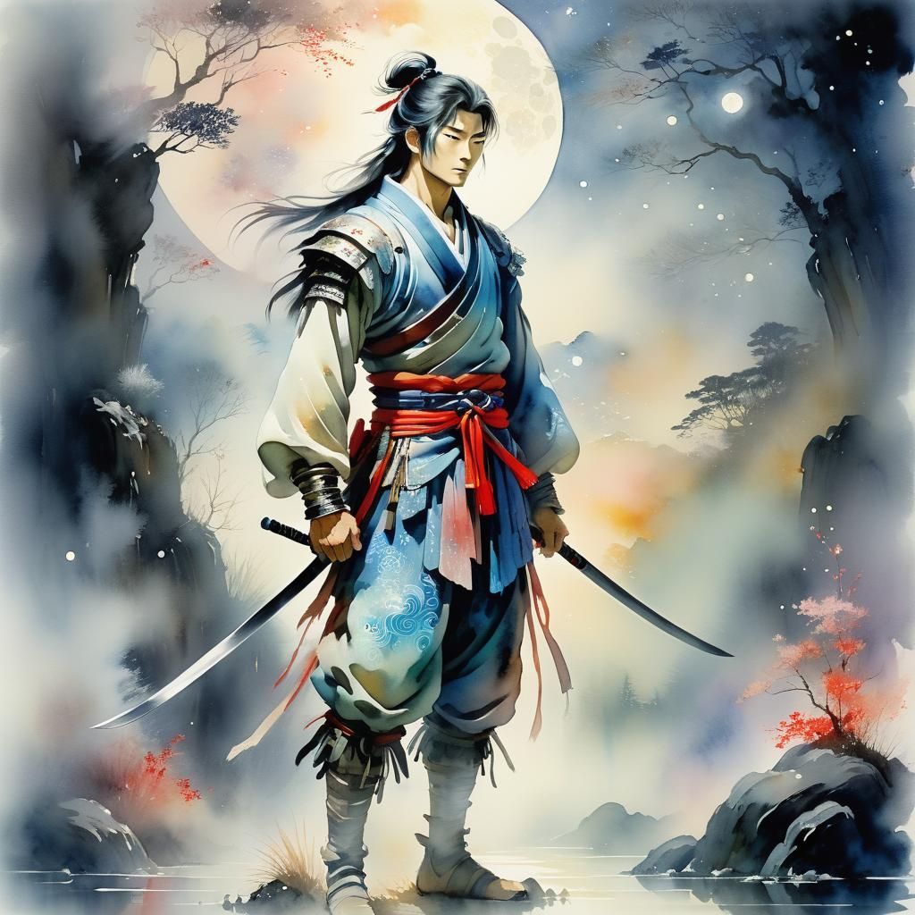 Ethereal Warrior in Dreamy Moonlit Landscape