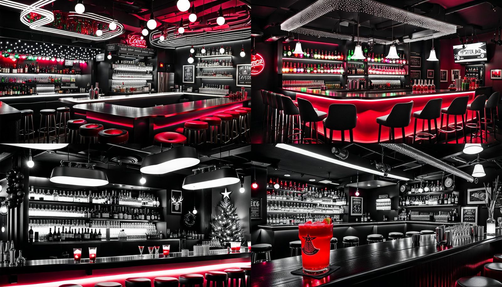 atca hipster bar which is part airline bar looking and indie music designed. christmas led lights in monochrome colors a...