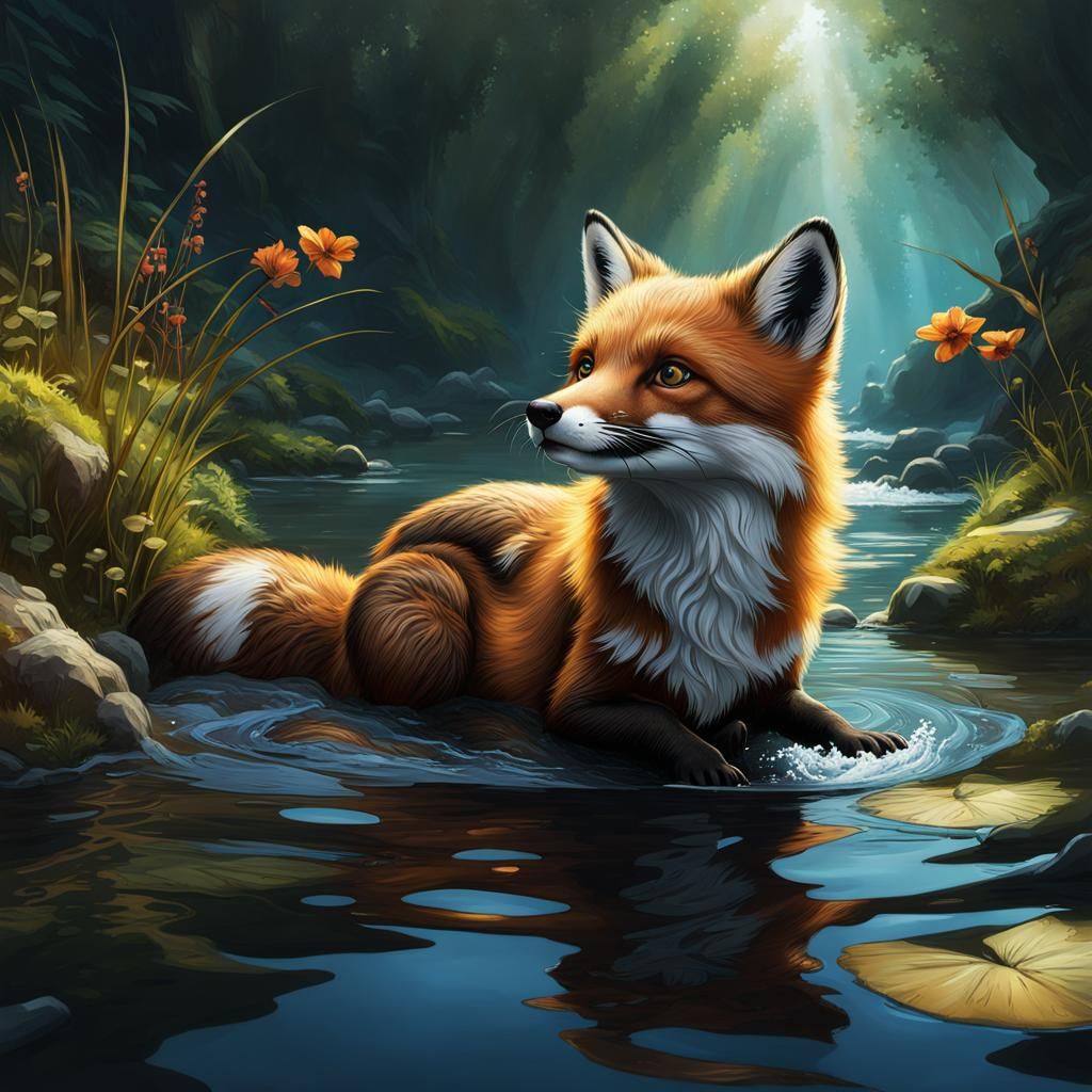 Fox Otter Hybrid Swimming in River, Dark Fantasy