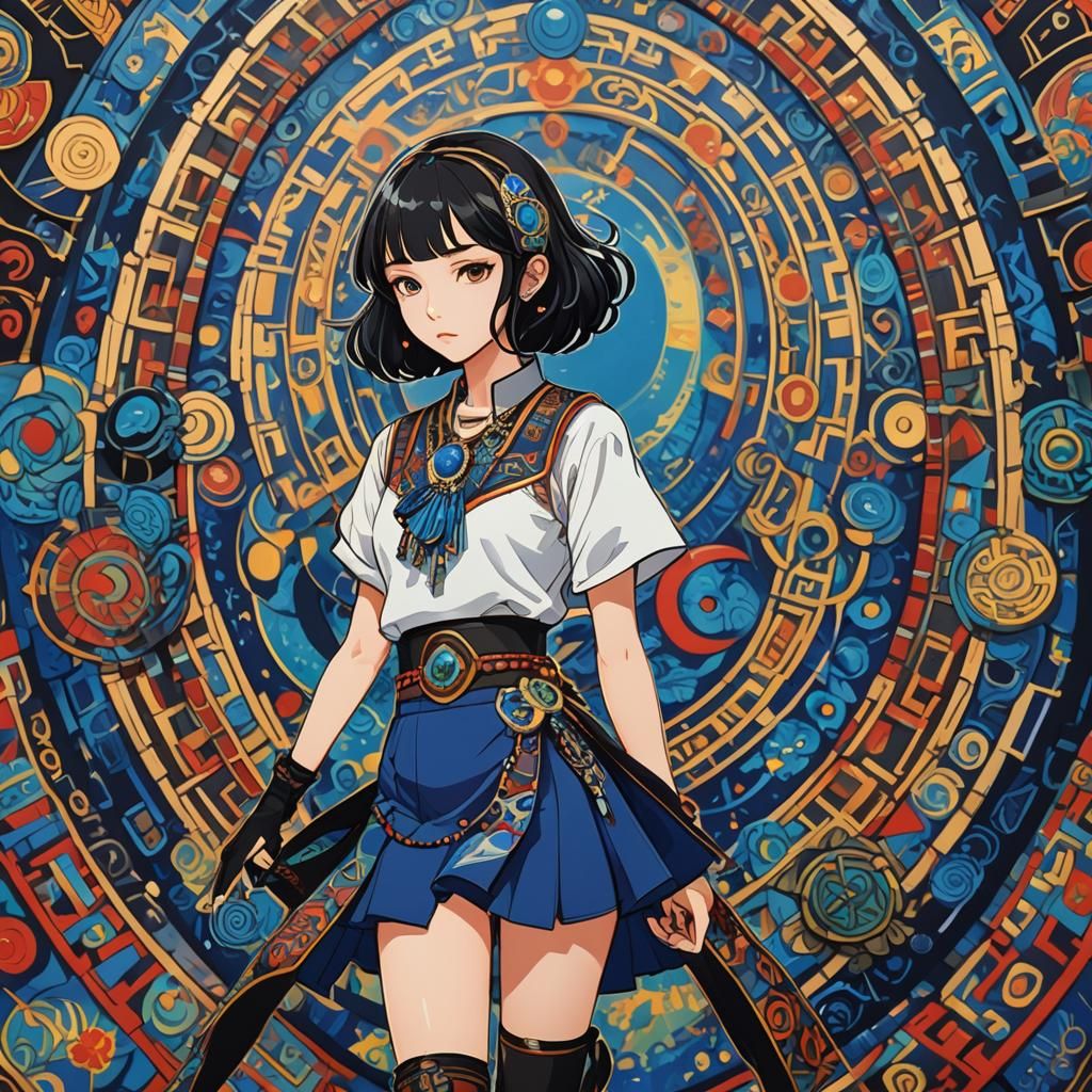 Aztec-Maya Anime Girl in Van Gogh Style
