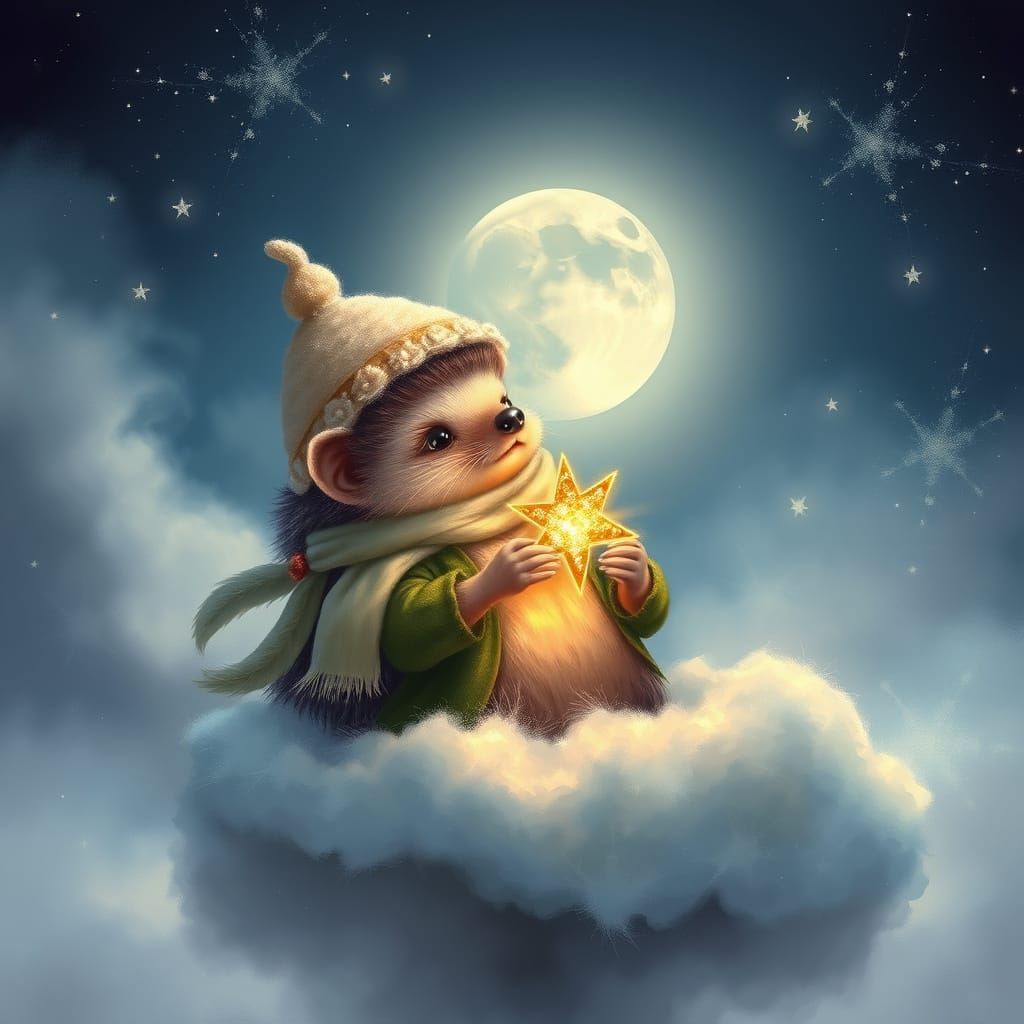 Enchanted Hedgehog Gazing at the Moon in Whimsical Clouds