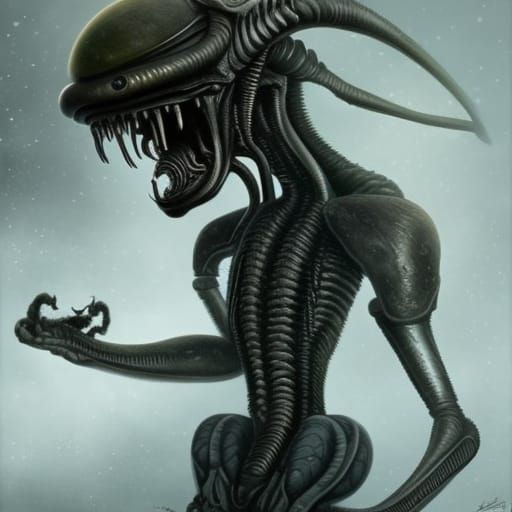 Tiny cute and adorable Xenomorph (Alien movie characters) with wet doe-eyes on a winters day, detailed surreal art by Mi...