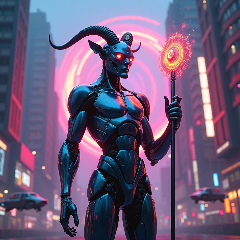 Futuristic Cyberpunk Baphomet in Neon Cityscape