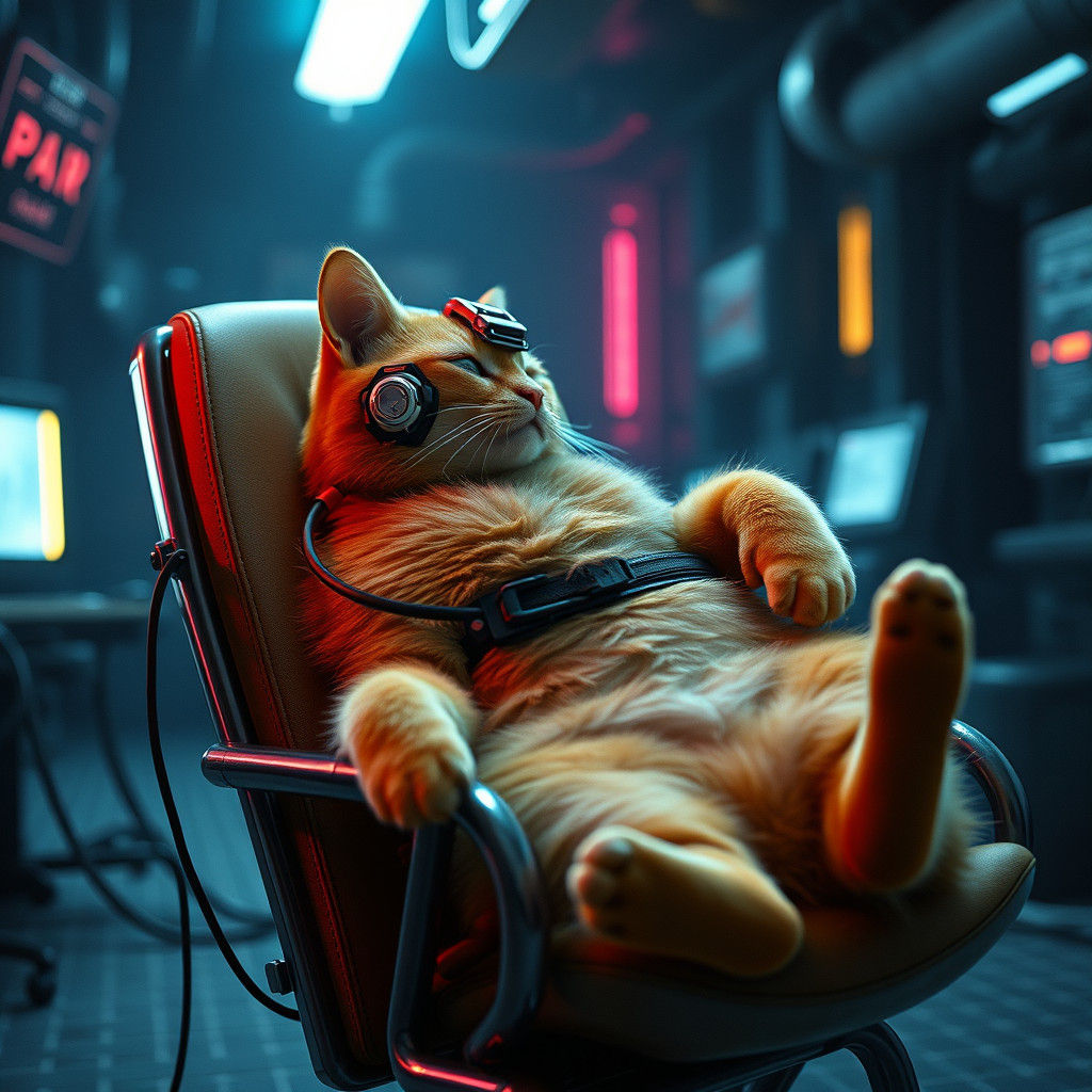 Cybernetic Ginger Cat Relaxing in Cyberpunk Setting