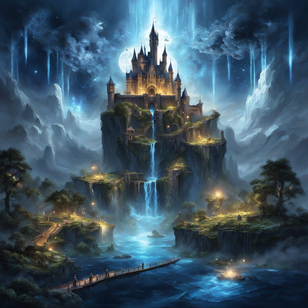 Floating Castle in Space with Waterfalls