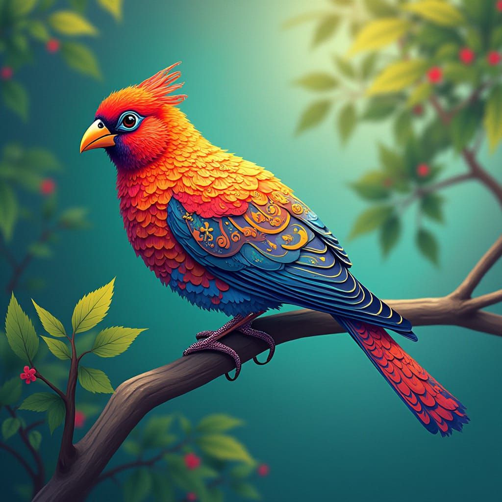 Iridescent Bird in Geometric Realism Style