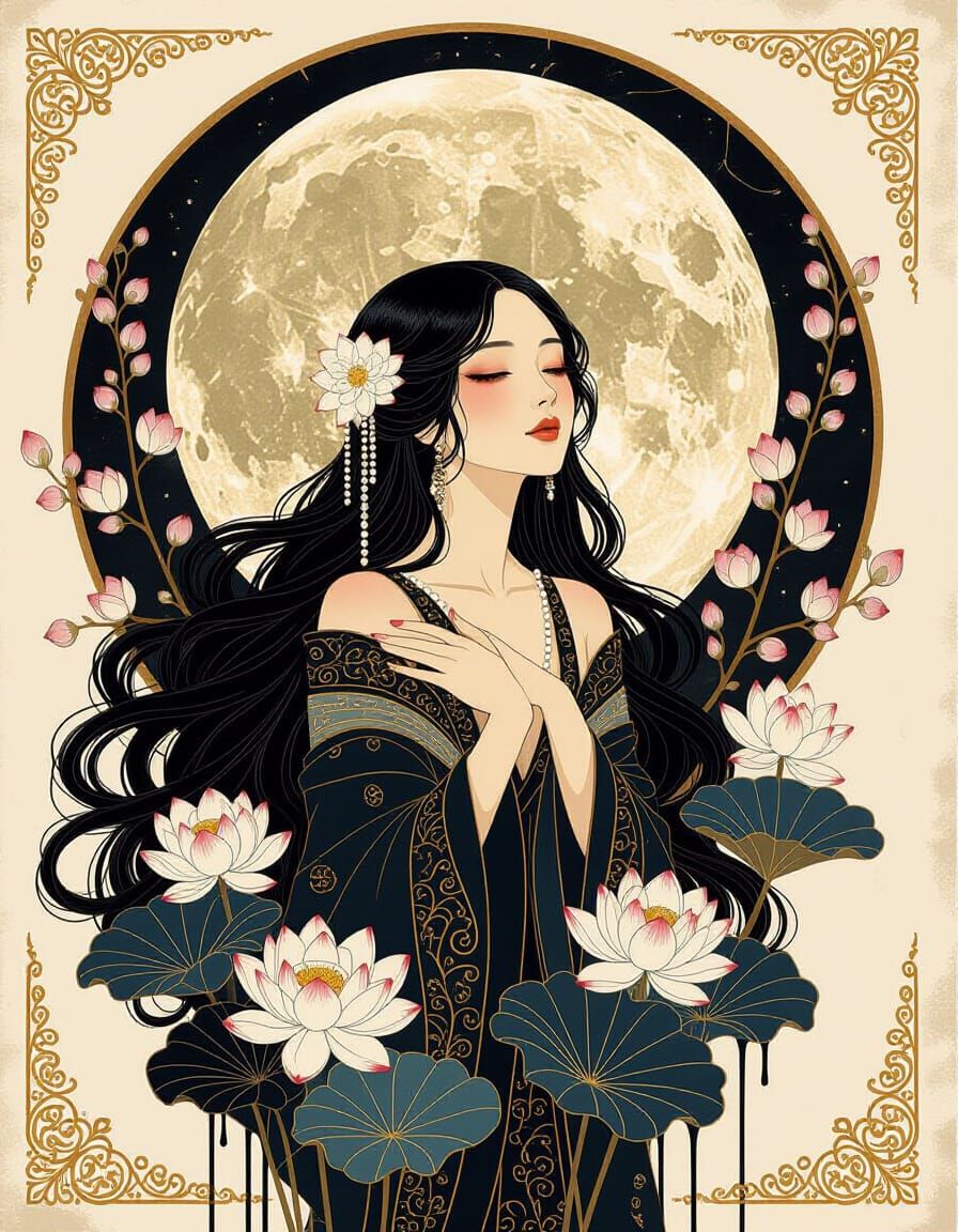 Art Nouveau Woman with Plum Blossoms and Moon