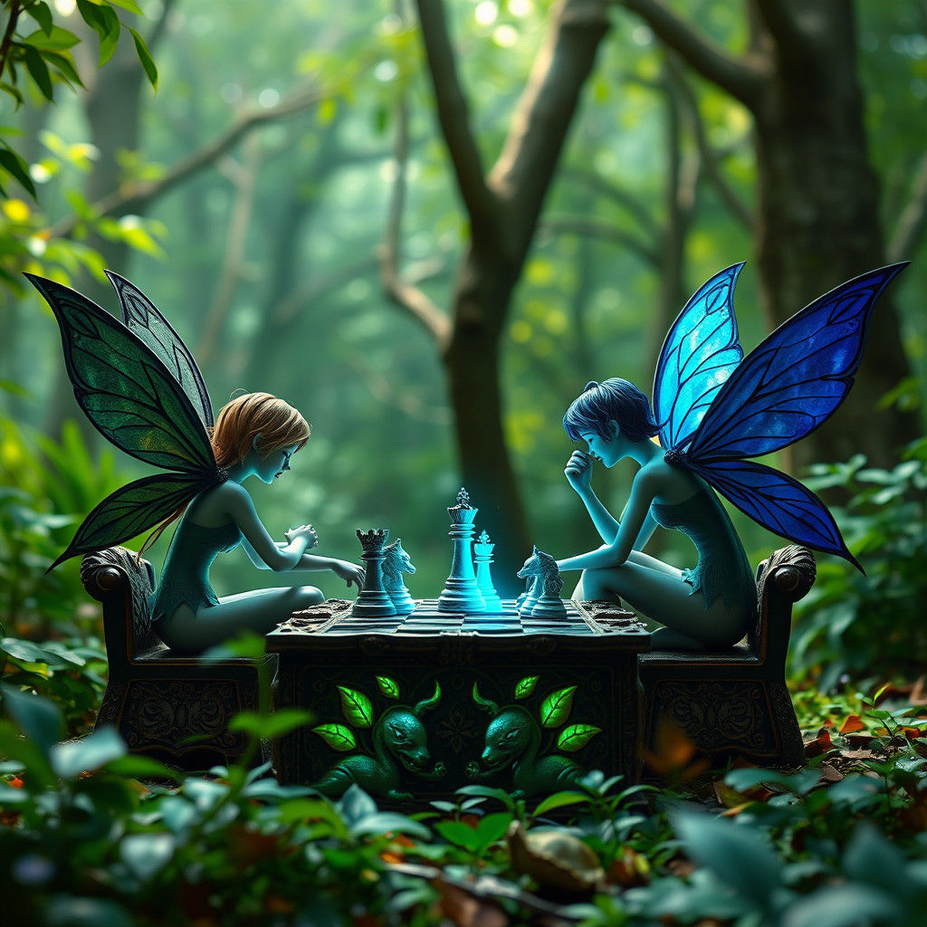 Fairies Play Chess in Enchanted Forest: Fantasy Art