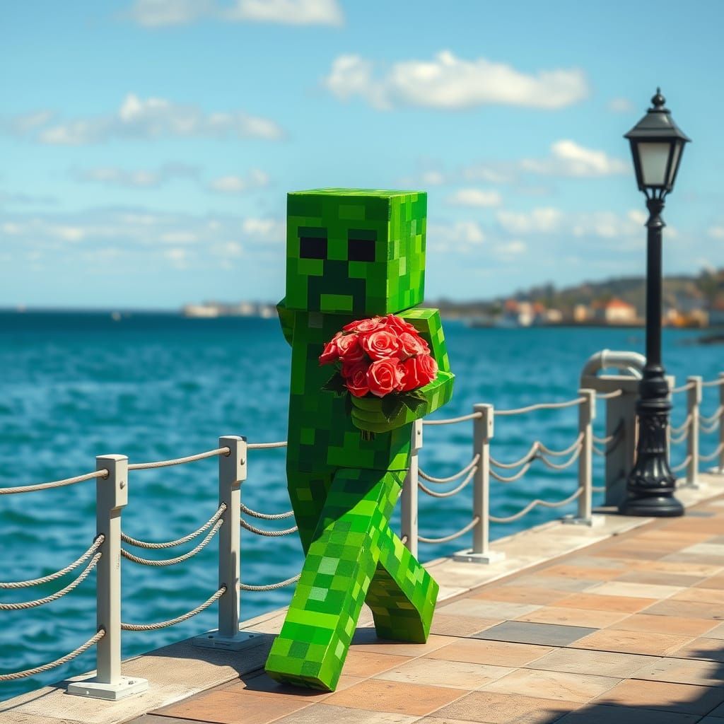 Surreal Minecraft Creeper Strolls Ocean Promenade with Roses