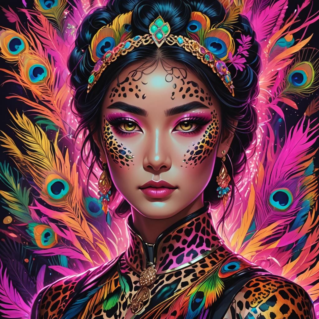 Asian Woman with Leopard Print and Peacock Feathers
