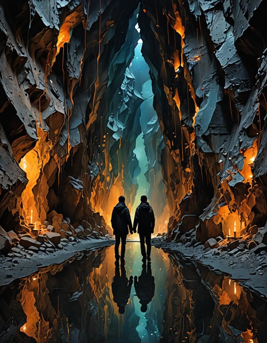 Lovers in Candlelit Corridor: Abstract Art