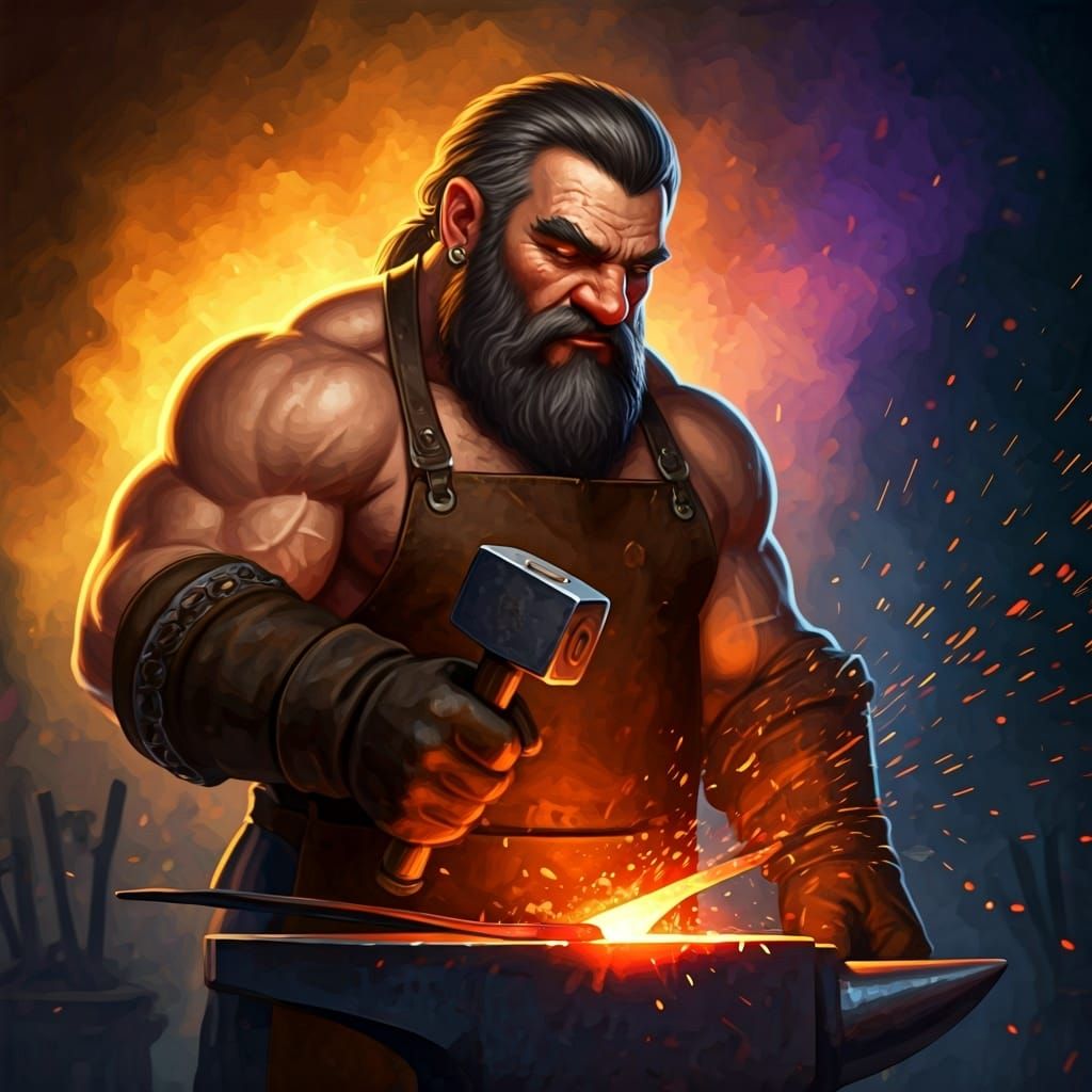 Dwarf Blacksmith Forging Metal in Hyperrealistic Style