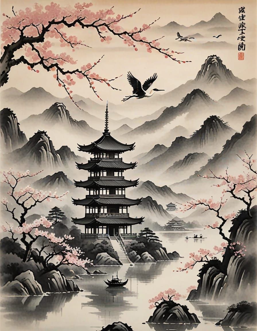 Monochrome Chinese Pagoda with Cherry Blossoms